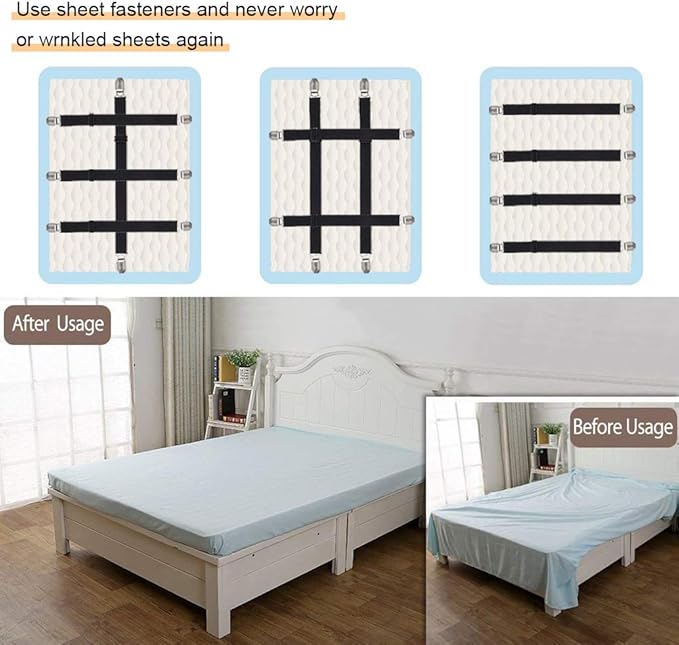 Adjustable Bed Sheet Straps Clips, Elastic Mattress Sheet Fasteners Holder and Suspenders, Grippers to Hold Sheet, Mattress, Sofa, Couch, Table Cloth, Ironing Board Cover, 8Pcs, Black