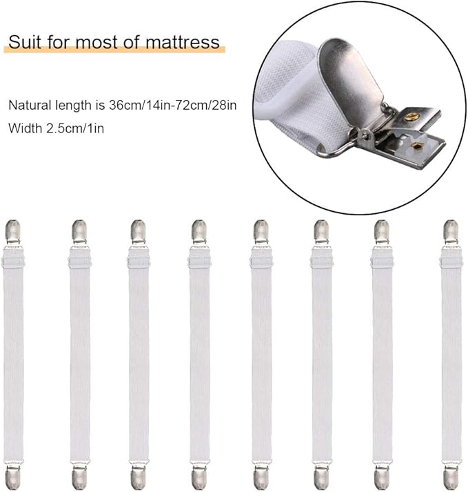 8Pcs Adjustable Bed Sheet Straps Clips, Elastic Mattress Sheet Fasteners Holder and Suspenders, Grippers to Hold Sheet, Mattress, Sofa, Couch, Table Cloth, Recliner Ironing Board Cover and More