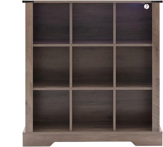 9 Cube Bookcase, Wooden Cube Storage Organizer Shelf, Brown Horizontal Book Shelf with LED Lights, Freestanding Display Cabinet for Living Room, Hallway TV Stand for Entryway