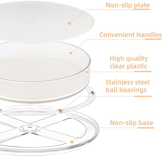 2 Pack Lazy Susan Organizer for Cabinet：Lazy Susan Turntable (8 Inch) with Non-Slip Mat and Handles,Turntable Rack for Kitchen,Pantry,Refrigerator,Bathroom and Vanity Countertop