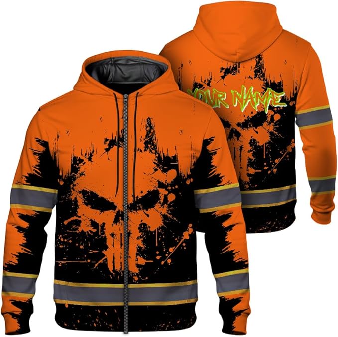Maddly Hi Vis Reflective Zip Up Hoodie, High Visibility Safety Jacket with Skull Design for runner, worker, trucker, cyclist