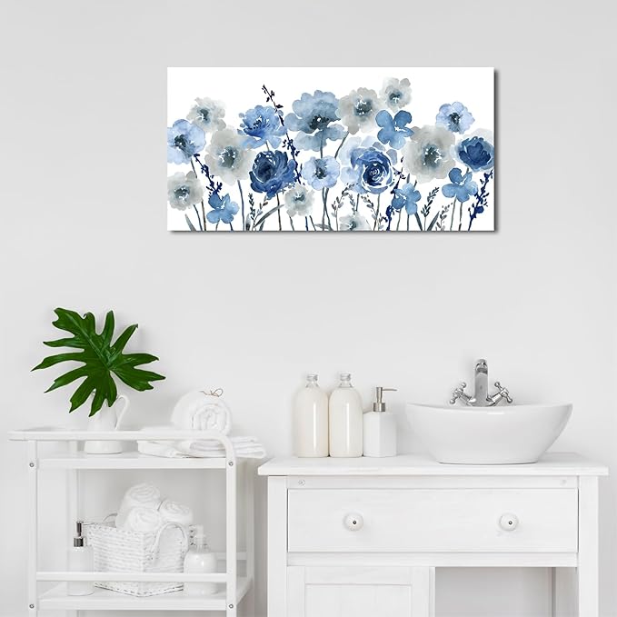 VEAEE Flowers Canvas Wall Art - Indigo Floral Canvas Pictures Living Room Wall Decor Botanical Canvas Prints Painting Abstract Artwork Bedroom Office Home Decor 20"x 40"