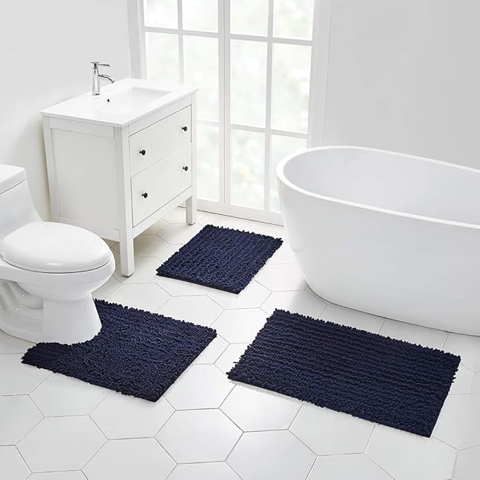 Walensee Bathroom Rug Non Slip Bath Mat (44x24 Inch Navy) Water Absorbent Super Soft Shaggy Chenille Machine Washable Dry Extra Thick Perfect Absorbant Best Large Plush Carpet for Shower Floor