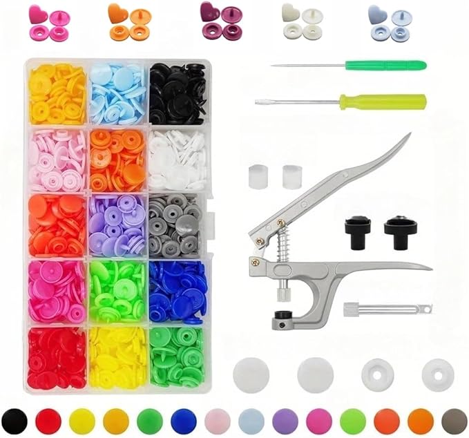 FUPUAII T5 Snap Buttons Set of 20 Colors Plastic Snaps Hand Tool Kit for Clothes, Cloth Diapers with Organizer Storage Containers(Round Buttons + Heart-Shaped Buttons