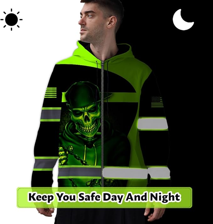 Maddly Hi Vis Reflective Zip Up Hoodie, High Visibility Safety Jacket with Skull Design for runner, worker, trucker, cyclist