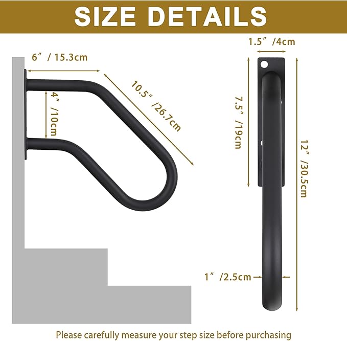 Hand Rails for Indoor Outdoor Steps, Wall Mount Non-Slip U-Shape Stair Railing, Black, 1 Pack (Black, 1 Pack 16")
