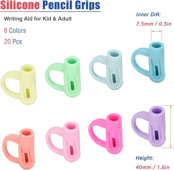 Ergonomic Pencil Grips 20 Pcs with 1 Finger Ring, 8 Colors Pencil Holders for Kids Handwriting, Hollow Pencil Grippers for Adults Writing Aid, Silicone Pencil Cushion, Gel Pen Grips