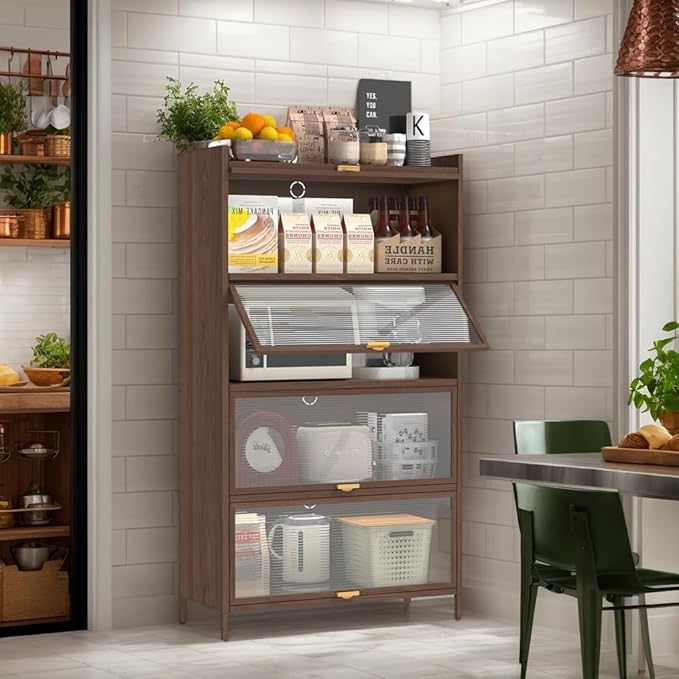 57'' Tall Metal Storage Cabinet with 4 Flip Doors, Freestanding Steel Organizer with Ample Storage Space for Bedroom Living Room Kitchen Office Entryway, Storage Organizer Walnut Finish