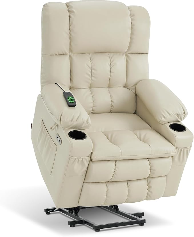 MCombo Dual Motor Large Power Lift Recliner Chair for Elderly, Lay Flat Lift Chair with Heat and Massage, Big Lift Recliner for Tall People, Faux Leather 7896 (Cream White, Large)