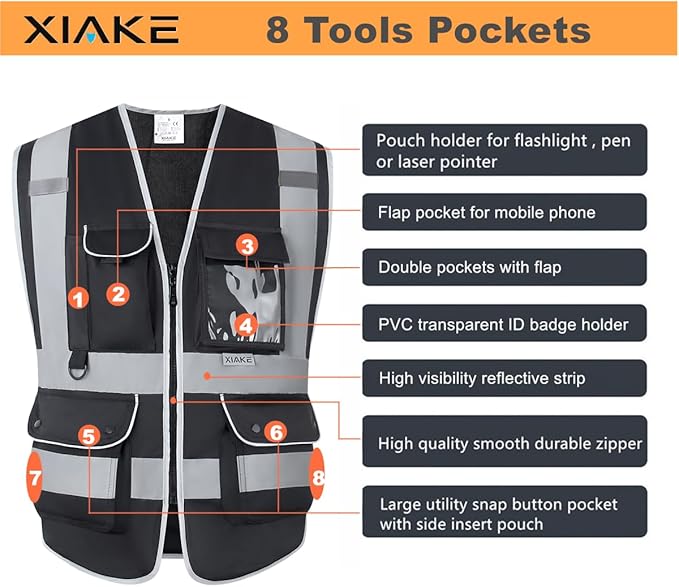 XIAKE Reflective Safety Vest for Men & Women High Visibility Class 2 Vest with Pockets Meets ANSI Standards