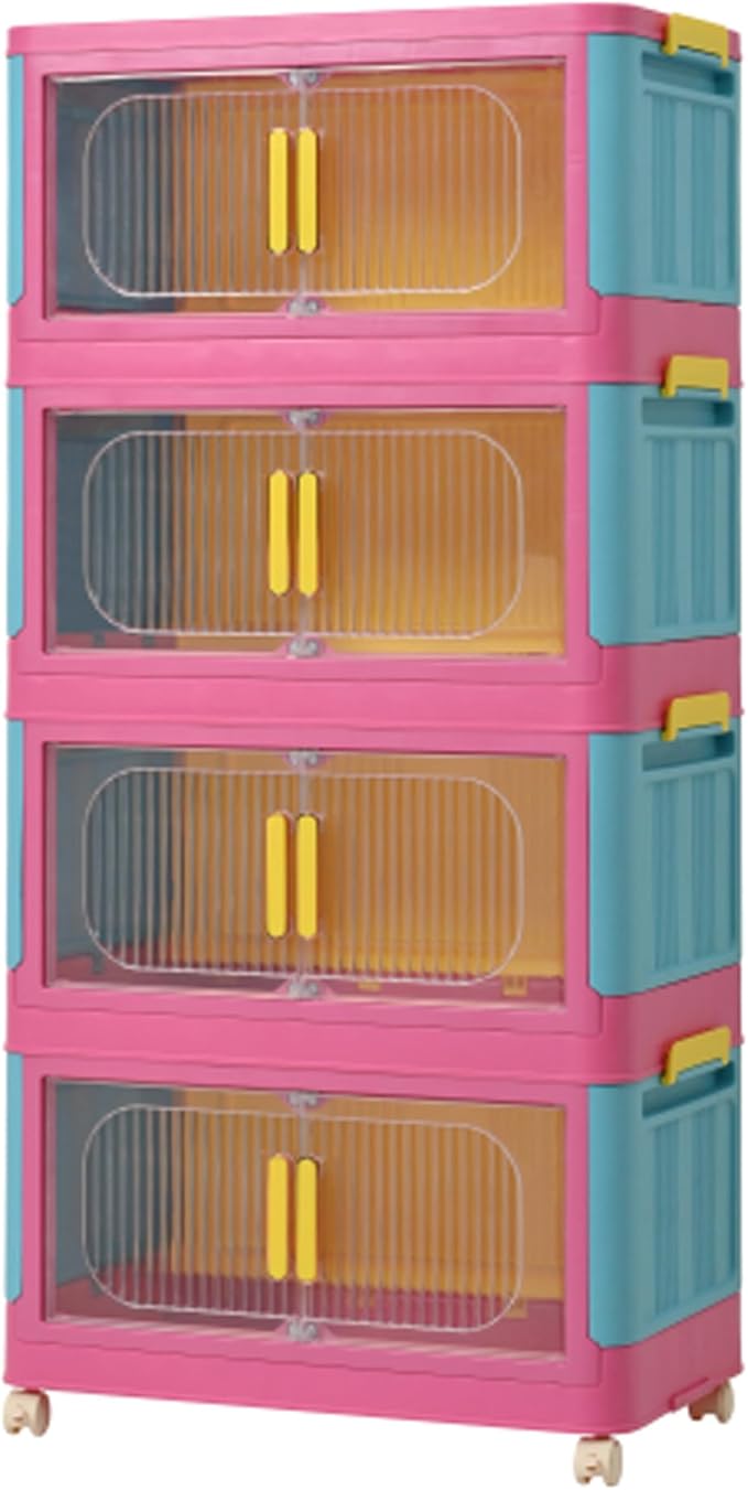 4 Tiers Folding Storage Cabinet,20" Side Wide Collapsible Storage Bins with Doors and Wheels, Space Saving Plastic Cabinet for Living Room, Office, Dorm, Rainbow