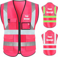 YOWESHOP High Visibility Safety Vest Custom Your Logo Protective Workwear 5 Pockets With Reflective Strips Outdoor Work Vest (XL, Pink Luminous)