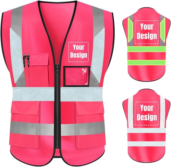 YOWESHOP High Visibility Safety Vest Custom Your Logo Protective Workwear 5 Pockets With Reflective Strips Outdoor Work Vest (L, Pink Luminous)