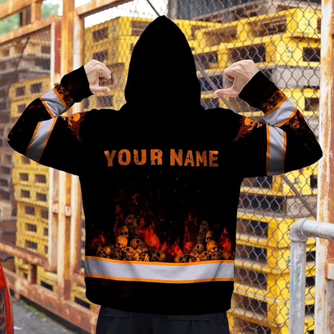 Matedecor Skull US Flag Reflective High Visibility Hoodie For Men Construction Hi Vis Safety Workwear Custom Name