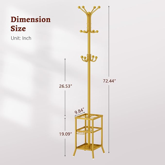FAVOOSTY Coat Rack Freestanding,Coat Rack Stand with Umbrella Holder,Metal Coat Tree with 12 Hooks,Tree Clothes Hat for Entryway, Hallway, Bedroom, Living Room & Office -Glod