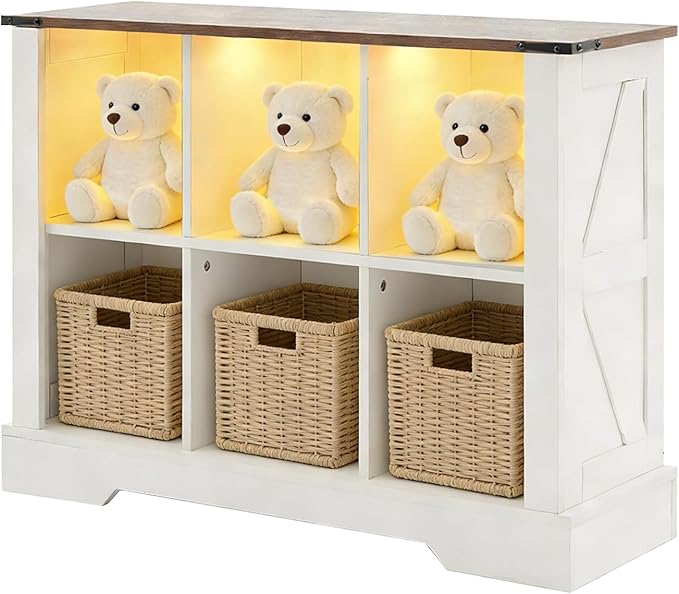 6 Cube Bookcase, Wooden Cube Storage Organizer Shelf, White Horizontal Book Shelf with LED Lights, Freestanding Display Cabinet for Living Room, Hallway TV Stand for Entryway