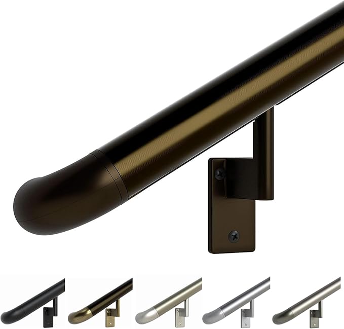 Promenaid 9ft ADA Handrail Kit - Architectural Bronze - Complete Indoor/Outdoor Handrail for Stairs - 1.6" Round Anodized Aluminum Railing with 5 Bronze Painted Brackets & ADA Wall Returns