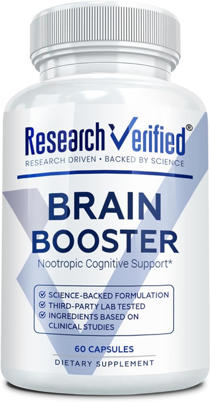 Research Verified Brain Booster - Brain Supplement for Memory and Focus, Nootropic Supplement for Cognitive Support - 60 Vegan Capsules - 1 Month Supply