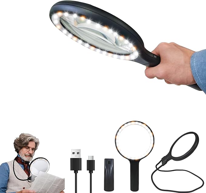 Hands-Free Magnifying Glass & Goose Neck Magnifier with Light | Neck-Worn Rechargeable for Reading, Crafts, Cross Stitch | 5X&10X Large View for Low Vision Seniors & Close Work