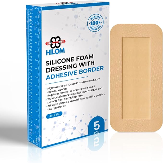 Hilom Silicone Foam Dressing with Adhesive Border 4 in x 8 in (5 Pack) Waterproof Dressing, Latex Free for Moist to Heavily draining Wounds…