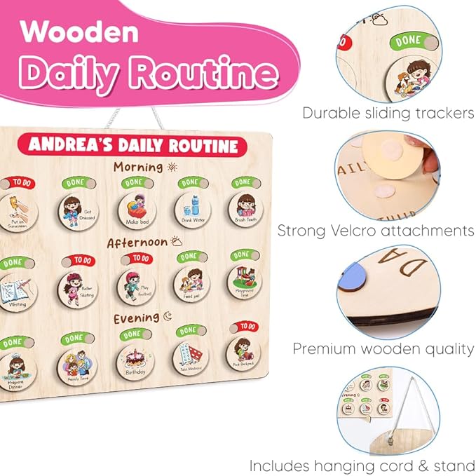 Wooden Chore Chart for Boys, Daily Routine Chart for Kids, Visual Schedule, Chore Reward Chart, Bedtime Morning Routine Chart for Toddlers (07)