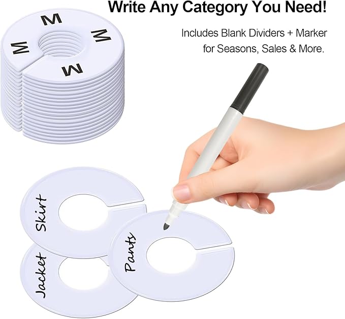 25 Pcs Clothing Rack Size Dividers Round White Plastic Size Markers for Clothing Rack Pre-Labeled (XXS-XXXL) & Blank Dividers & Erasable Pen for Closet, Retail Store, Wardrobe