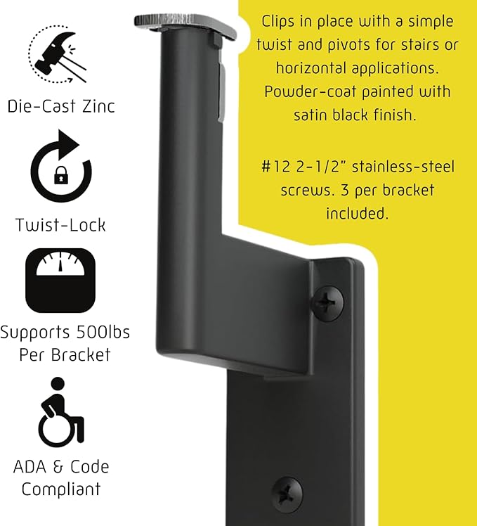 Promenaid 14ft ADA Handrail Kit - Black - Complete Indoor/Outdoor Handrail for Stairs - 1.6" Round Anodized Aluminum Railing with 7 Satin Black Painted Pivoting Brackets & ADA Wall Returns