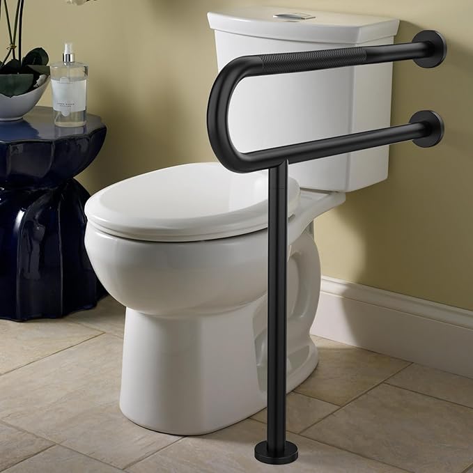 Toilet Grab Bar 31.3 Inch with Leg, YuanDe Matte Black Wall Mounted Safety Bar, Stainless Steel Anti-Slip Bathroom Support Rail for Elderly Disabled Pregnant