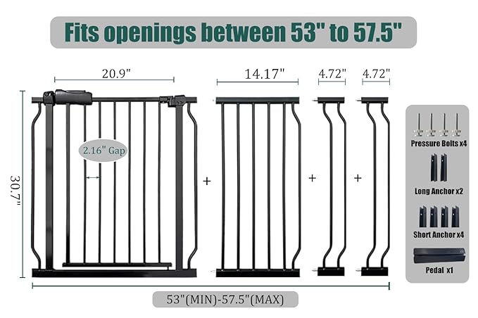 53-57.5 Inch Extra Wide Baby Gate, Auto Close Pet Gate, Pressure Mounted No Drill for Wide Stairs & Doorways, Black Metal with Extension Kit