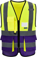 Yellow&Purple 4XL-5XLHigh Visibility Safety Vest with ZIPPER 4 Reflective Strips 7 Pockets
