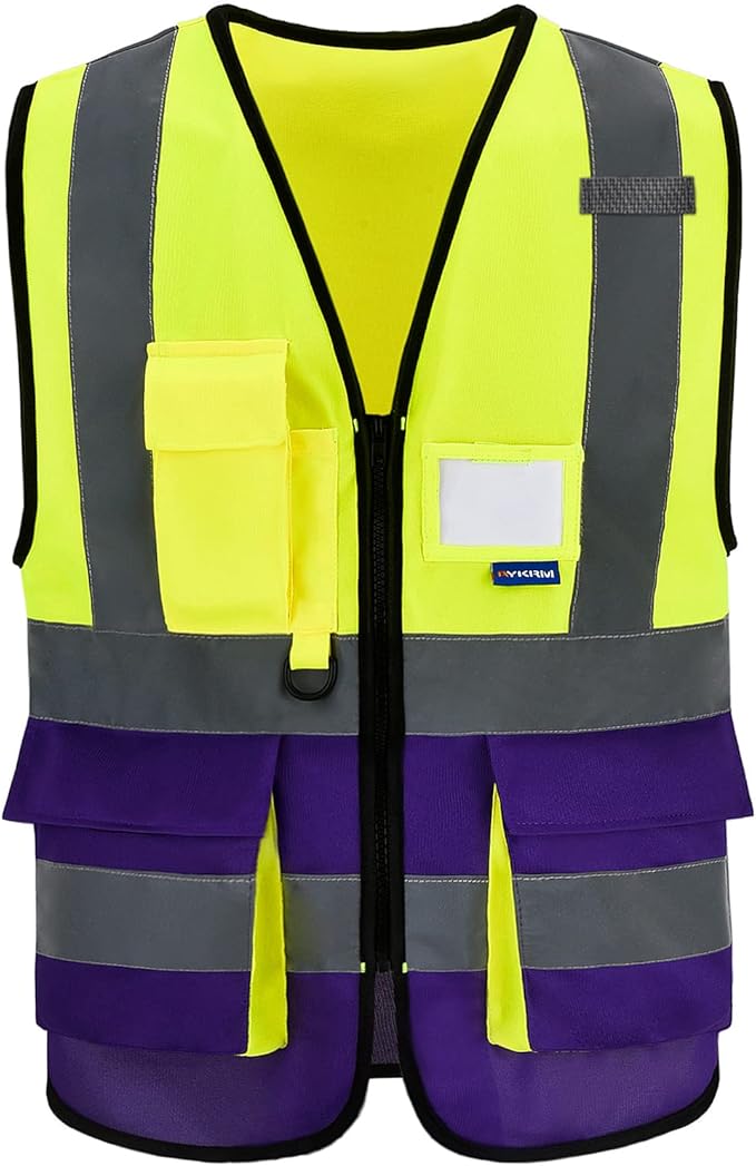 6XL 8XLHigh Visibility REFLECTIVE Safety Vest with 4 Reflective Strips 7 Pockets Yellow&Purple