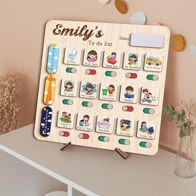 Wooden Chore Chart for Kids Visual Schedule, Routine Chart for Kids, Morning Bedtime Routine Chart for Toddlers Ages 2-4, Daily Kids Schedule Board for Home (14)