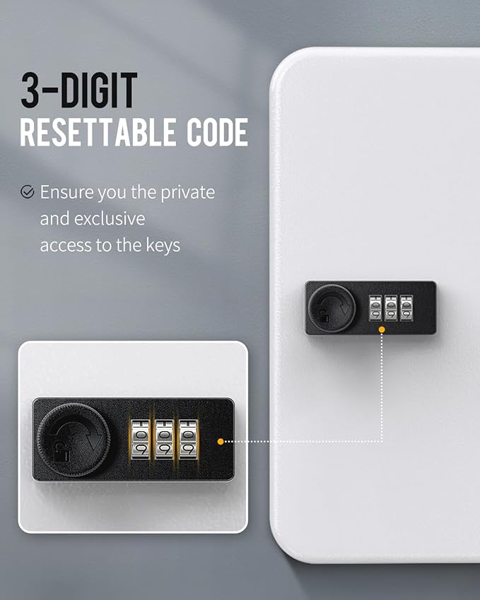 Uniclife 28-Key Steel Key Cabinet with Combination Lock Wall Mounted Key Organizer with Resettable Code White Digital Security Box with Hooks and Large Key Tag Labels Identifiers in 5 Assorted Colors