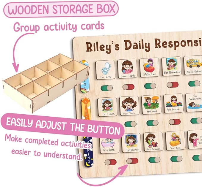 Wooden Chore Chart for Kids Visual Schedule, Routine Chart for Kids, Morning Bedtime Routine Chart for Toddlers Ages 2-4, Daily Kids Schedule Board for Home (18)