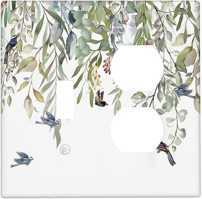 Green Leaf Eucalyptus Leaves Floral Bird Butterfly Wallplates 1 Toggle 1 Duplex Switch Plate Electrical GFCI Faceplate Decorative Light Switch Covers for Bed Room Living Room Decor