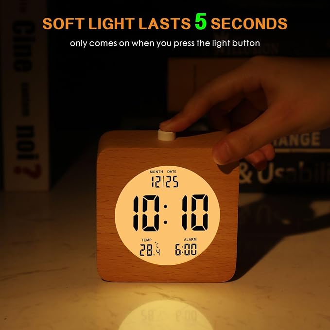 Plumeet Wooden Digital Alarm Clock for Bedrooms, Wood 4'' Battery Powered Alarm Clock with Snooze and Nightlight, Electronic LCD Desk Clock Display Time, Date, Temp, 12/24H, Wood Décor, Square, Brown
