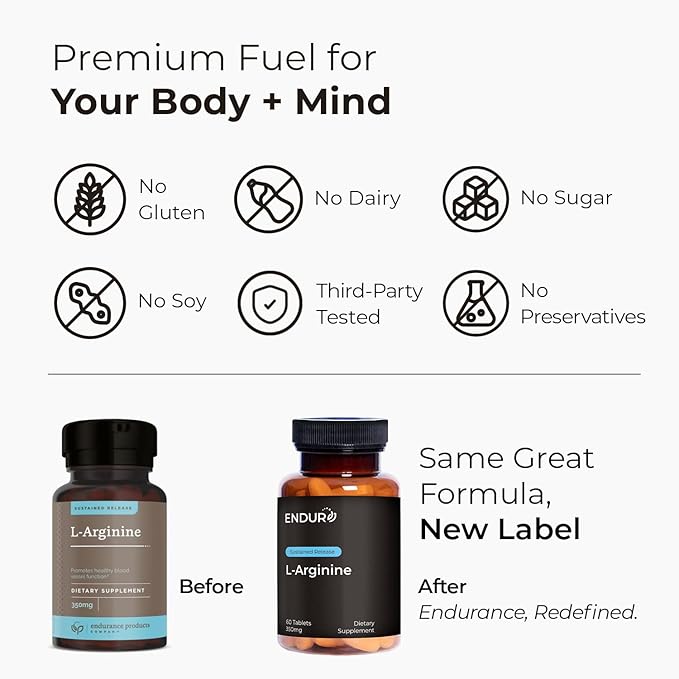 Endur L-Arginine Supplement, Helps Support Healthy Blood Flow & Heart Function, Exercise Performance & Immune Health, Gluten Free, 350mg (60 Tablets)
