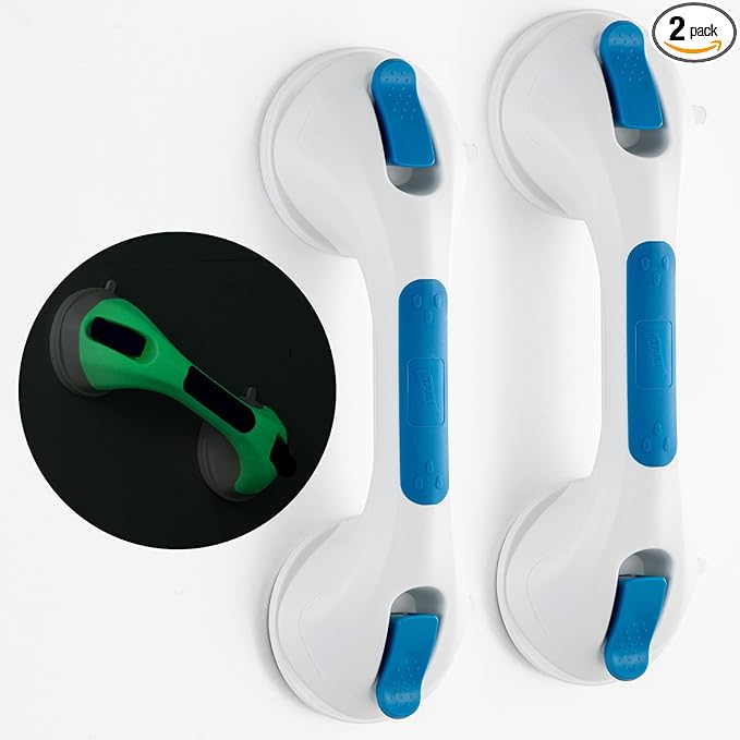 TAILI Shower Grab Bar Glow in The Dark, 2 Pack 12.2 in Grab Bars for Bathtubs and Showers,Shower Handles Shower Rails for Seniors and Elderly,Bathroom Safety Grip Removable No Drilling Waterproof Blue