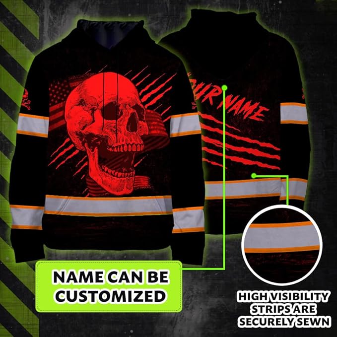 Matedecor Skull US Flag Reflective High Visibility Hoodie For Men Construction Hi Vis Safety Workwear Custom Name
