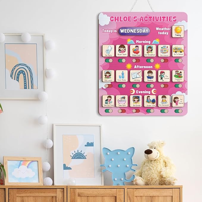 Personalized Wooden Daily Routine Chart 12x14", Visual Schedule, Daily Responsibilities for Kids, Morning Bedtime Routine Chart for Toddlers (10)