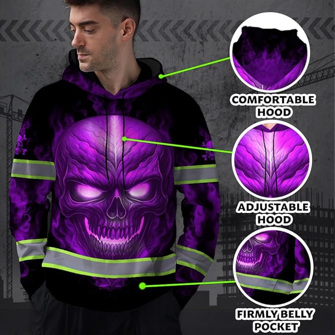 Matedecor Skull US Flag Reflective High Visibility Hoodie For Men Construction Hi Vis Safety Workwear Custom Name