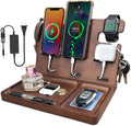 Wood Phone Docking Station Nightstand Organizer Charging Station with QC 3.0 & PD22.5W USB C Charger Fast Charging for iPhone Samsung Android Watch Airpod Anniversary Birthday Gifts for Men