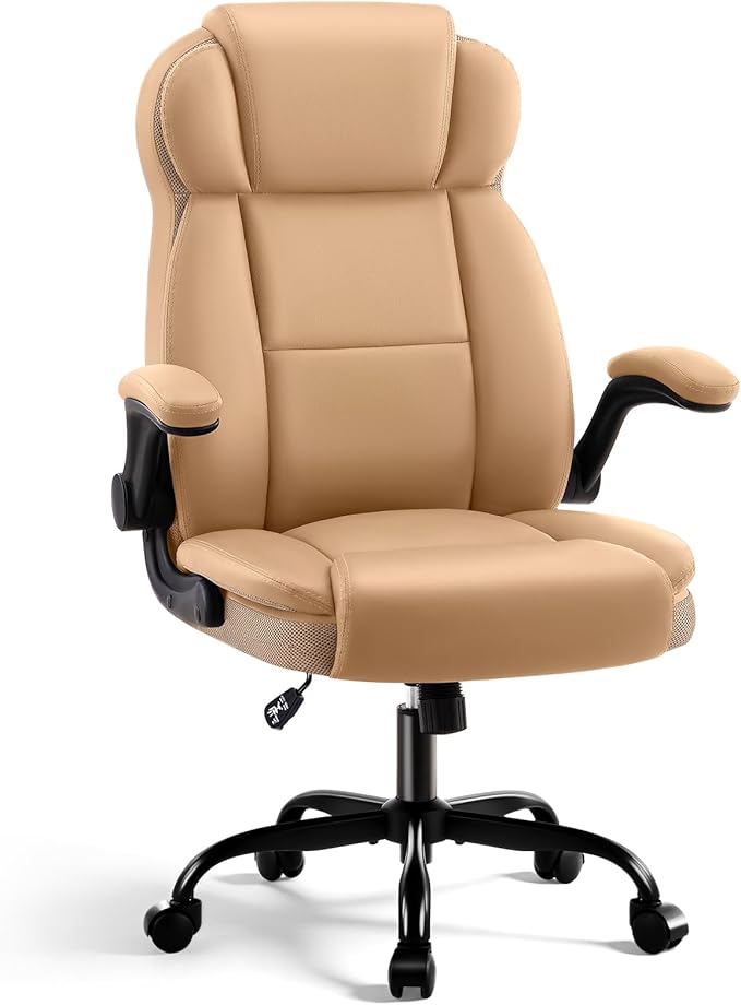 Ergonomic Office Chair with High Back Headrest, PU Leather Executive Desk Chair - Padded Flip-Up Armrests, Lumbar Support, Swivel Computer Chair for Home Office & Gaming, Khaki