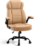 Ergonomic Office Chair with High Back Headrest, PU Leather Executive Desk Chair - Padded Flip-Up Armrests, Lumbar Support, Swivel Computer Chair for Home Office & Gaming, Khaki