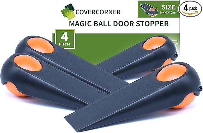 Door Stoppers for Bottom of Door, Rubber Door Stopper Wedges, Door Holders for All Types of Surfaces, 4 Pack Magic Ball Door Stops, 3.9 inch, Black and Orange