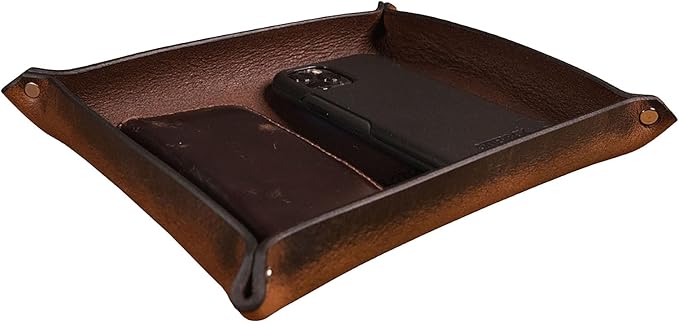 Valet Tray – Full-Grain Leather Catchall Organizer for Keys, Phone & Wallet – Rustic Nightstand & Desk Tray with Raised Sides – Handmade in USA (Vintage Brown, Medium Rectangle)