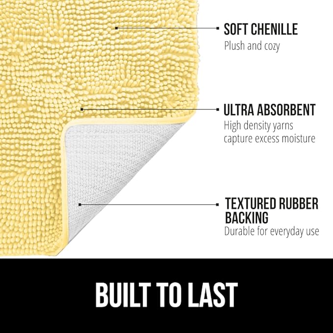 GORILLA GRIP Bath Rug Mat 44x26, Thick Soft Absorbent Chenille, Quick Dry Microfiber Mats, Rubber Backing Washable Shower Floor Rugs, Bathmat Runner, US Designed Bathroom Home Decor Accessories Yellow