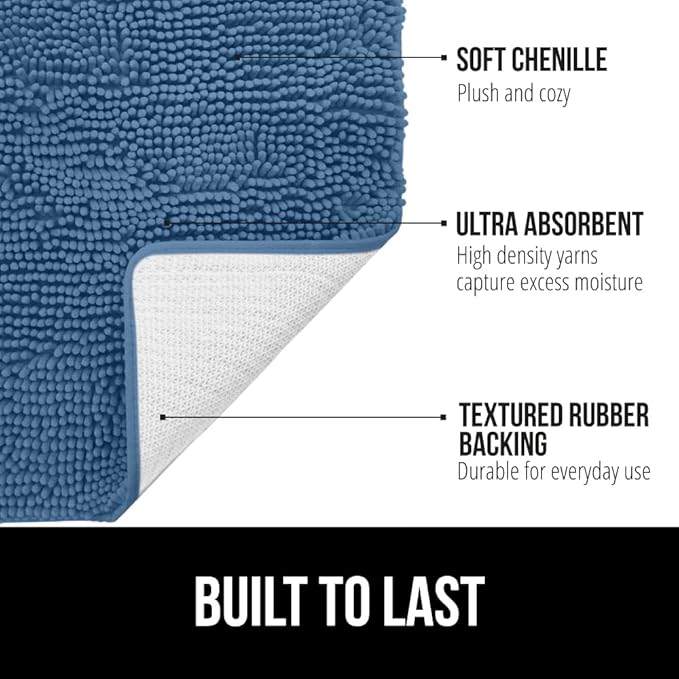 GORILLA GRIP Plush Absorbent Shaggy Chenille Bath Rug Mat for Square Toilet Base with Rubber Backing, Machine Washable Rugs, Soft Microfiber Contour Mats for Toilets, Bathroom Decor, Blue