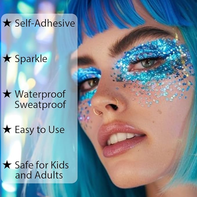 Mysense Blue Body Glitter Gel, Singer Concerts Glitter Makeup, Music Festival Rave Eye Hair Accessories, Chunky Glitter Mermaid Sequins, Sparkling Face Paint for Women, 30g