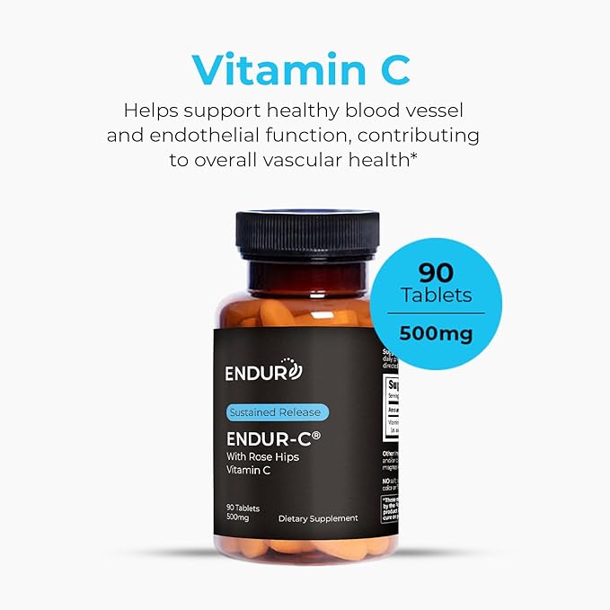 Endur ENDUR-C Vitamin C with Rose HIPS, Supports Collagen Production, Antioxidant Protection & Gentle Digestion, Gluten Free, 500mg (90 Tablets)